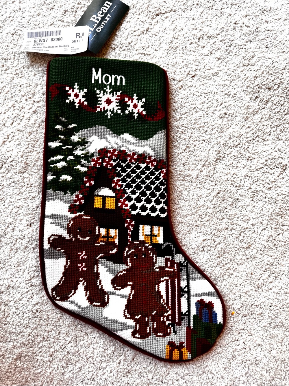 L.L.Bean Mom Gingerbread Holiday Needlepoint Stocking NWT Discontinued Christmas